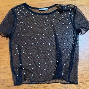 Zara Trafaluc Elegant Black Sheer Top with Pearl Accents